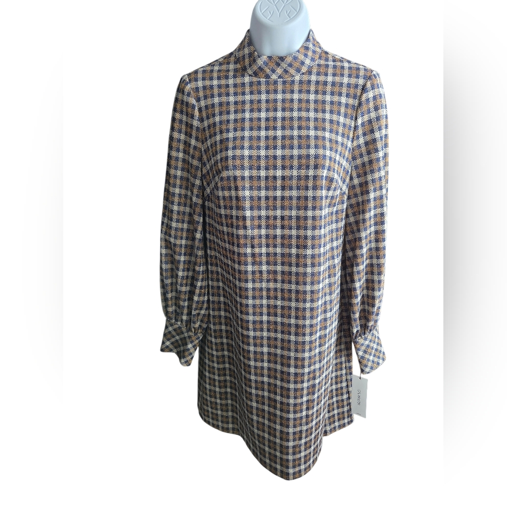 NWT Calvin Klein Long Sleeve Metallic Gold Plaid Preppy Dress Size 4